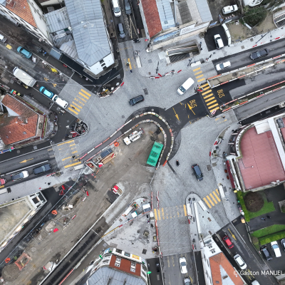 Photo by drone - Tramway construction site - Place Carnot - Romainville - Department Seine-Saint-Denis - Paris region